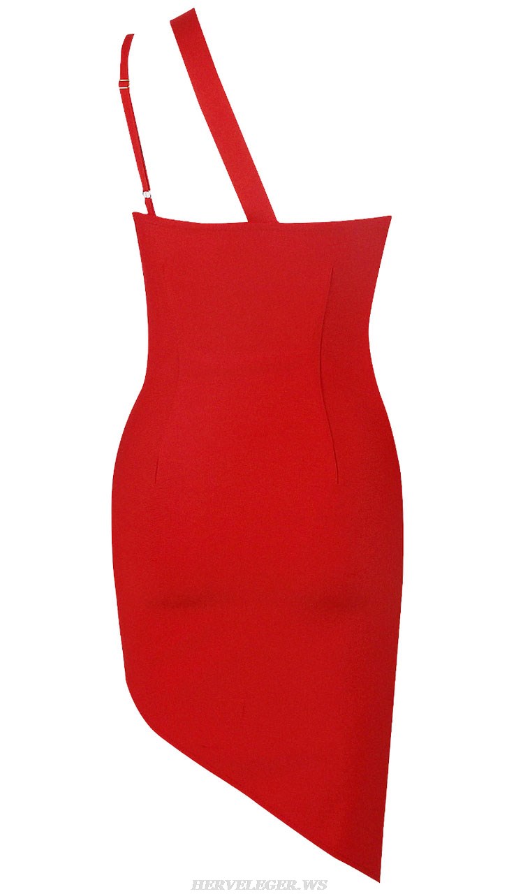 Herve Leger Red Asymmetric Strap Dress
