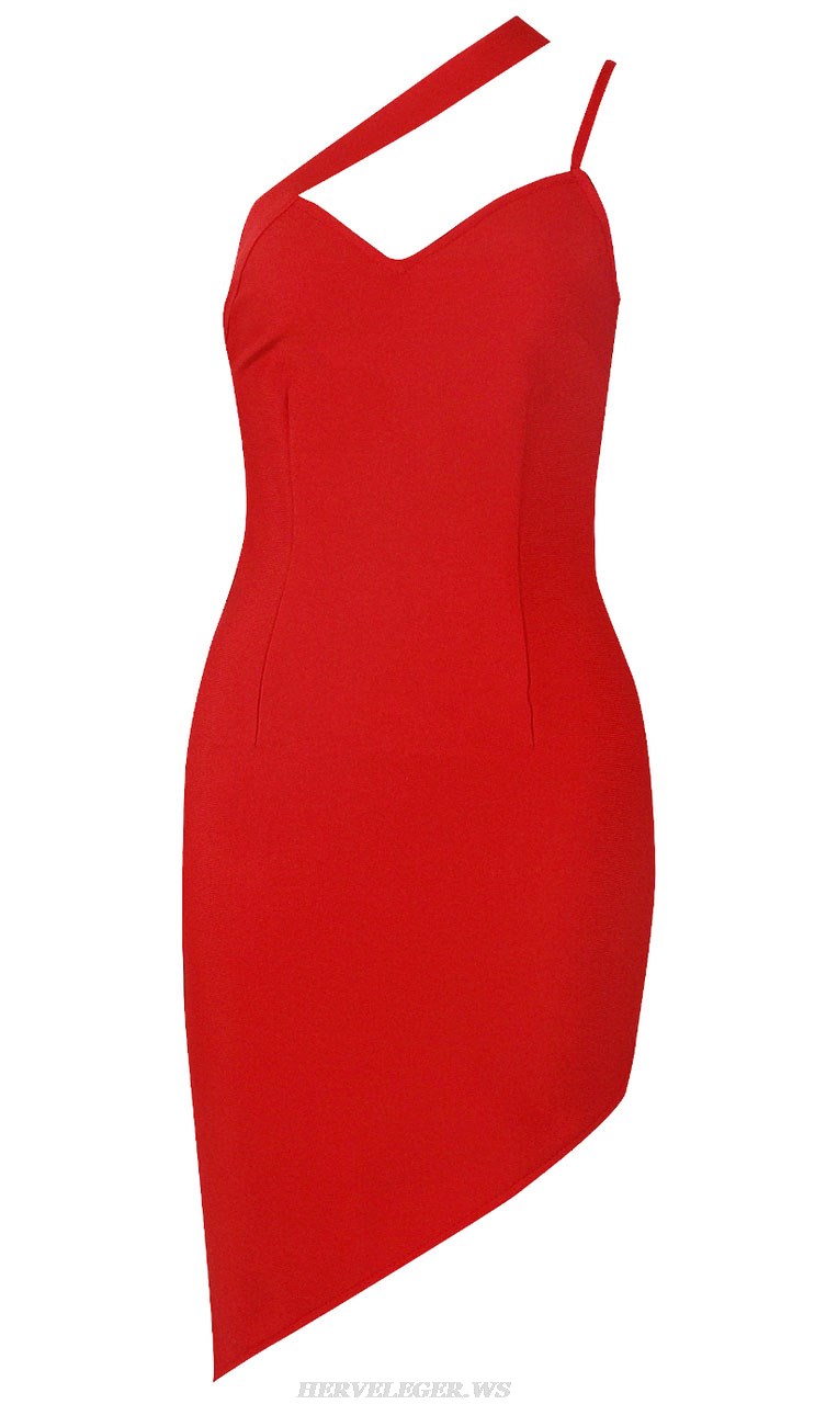 Herve Leger Red Asymmetric Strap Dress