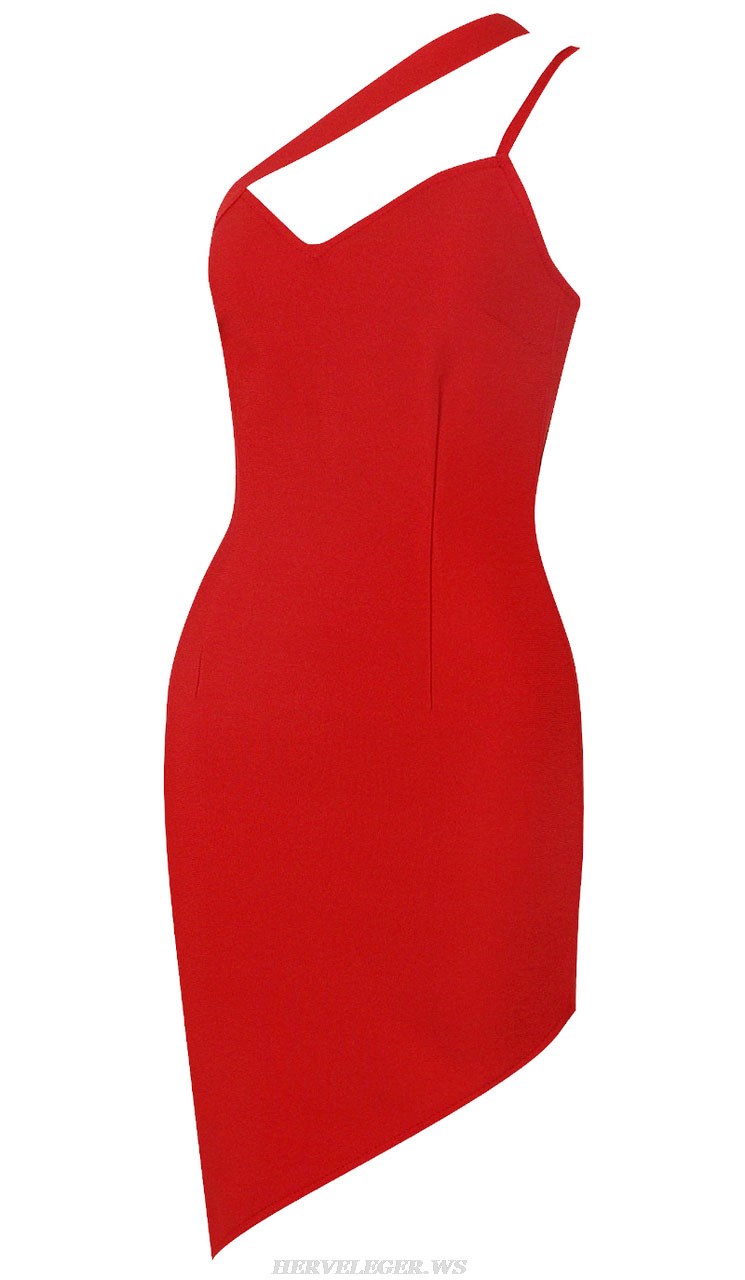 Herve Leger Red Asymmetric Strap Dress