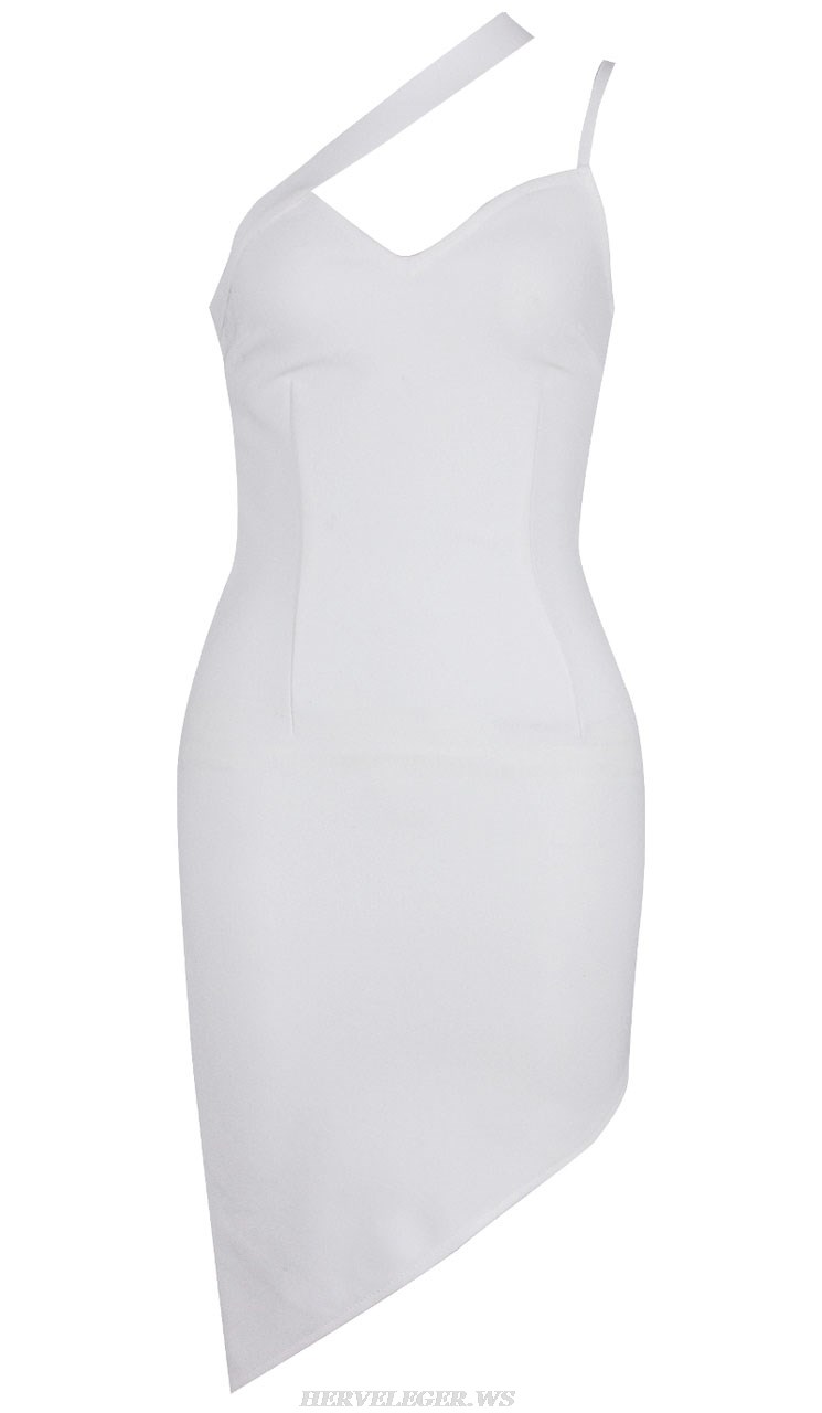 Herve Leger White Asymmetric Strap Dress