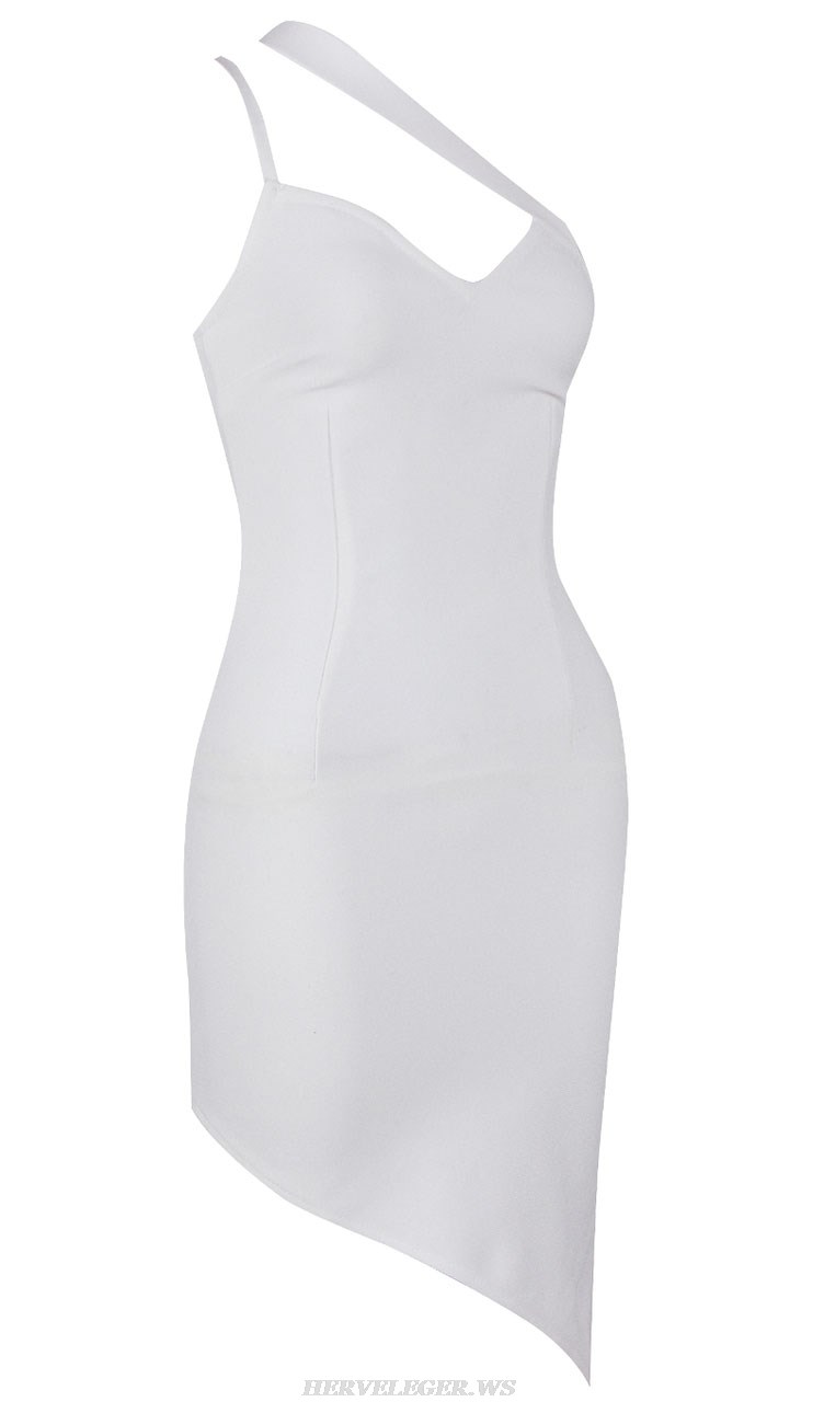 Herve Leger White Asymmetric Strap Dress