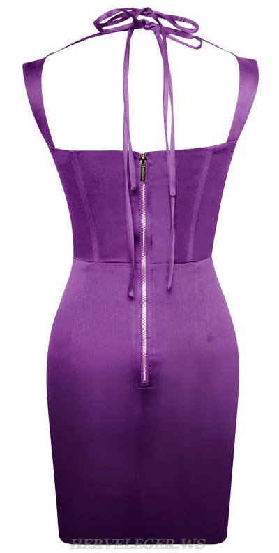 Herve Leger Purple Halter Corset Silk Dress