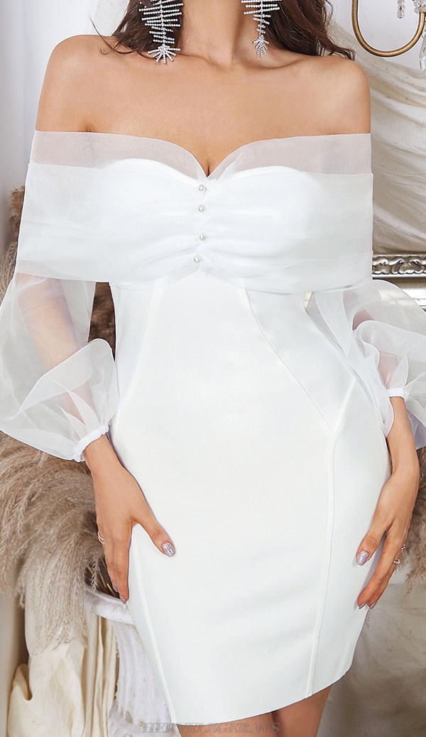 Herve Leger White Long Sleeve Mesh Off Shoulder Dress