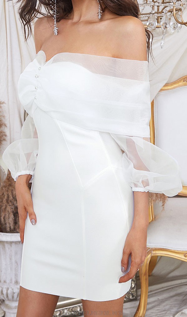Herve Leger White Long Sleeve Mesh Off Shoulder Dress