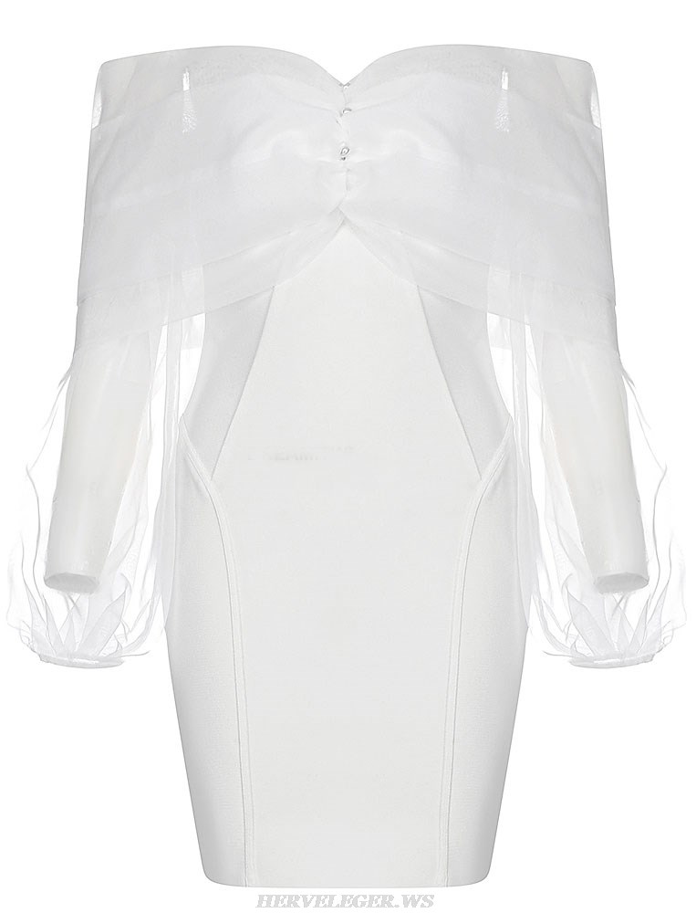 Herve Leger White Long Sleeve Mesh Off Shoulder Dress