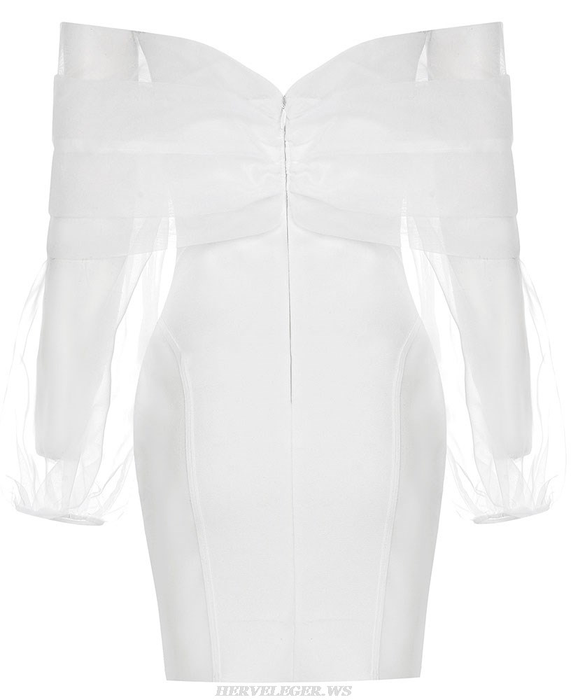 Herve Leger White Long Sleeve Mesh Off Shoulder Dress