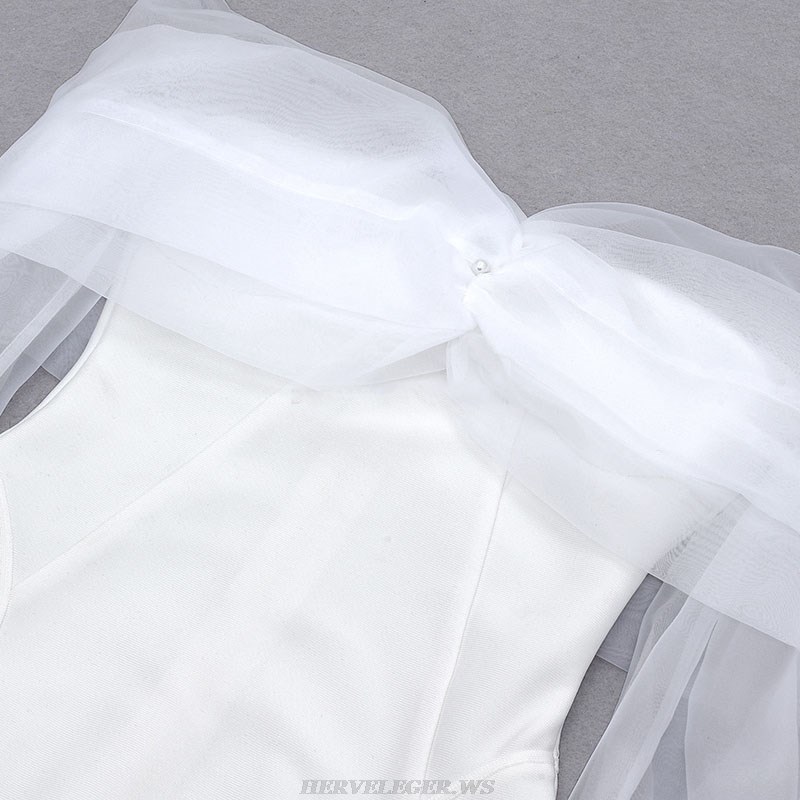 Herve Leger White Long Sleeve Mesh Off Shoulder Dress