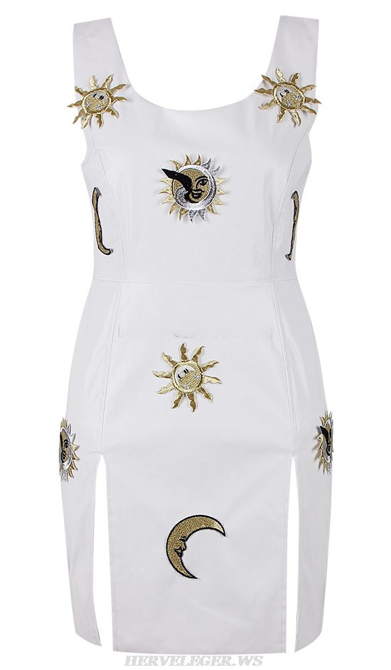 Herve Leger White Moon Sun Detail Faux Leather Dress