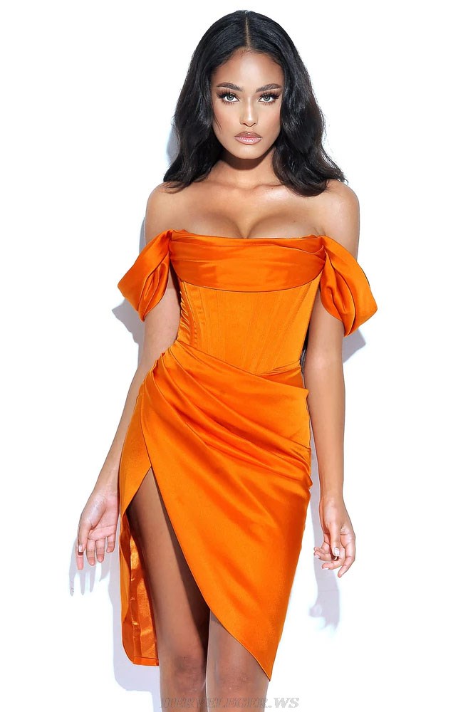 Herve Leger Orange Off Shoulder Draped Corset Silk Dress