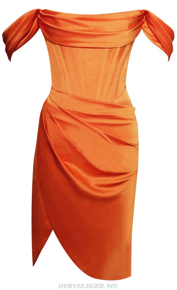 Herve Leger Orange Off Shoulder Draped Corset Silk Dress