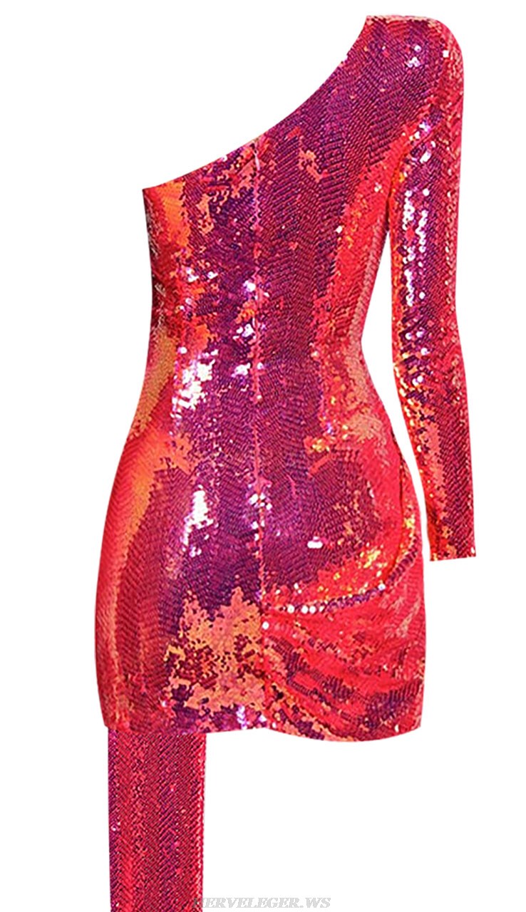 Herve Leger Hot Pink One Sleeve Sequin Draped Dress
