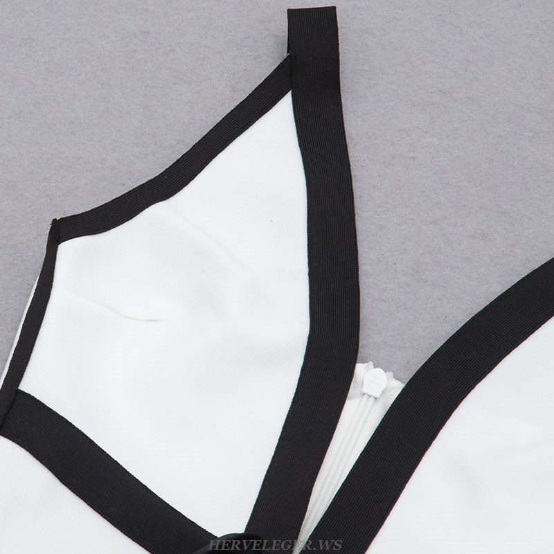 Herve Leger Black White Plunge V Neck Tie Detail Dress