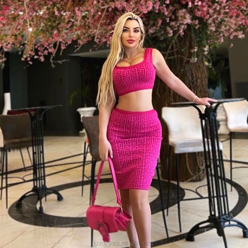 Herve Leger Hot Pink Printed Two Piece Dress