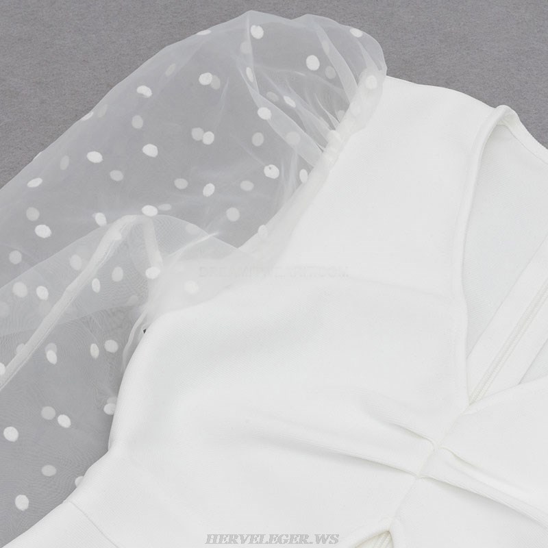 Herve Leger White Puff Long Sleeve Dress