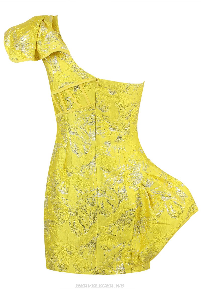 Herve Leger Yellow Ruffle One Sleeve Corset Dress
