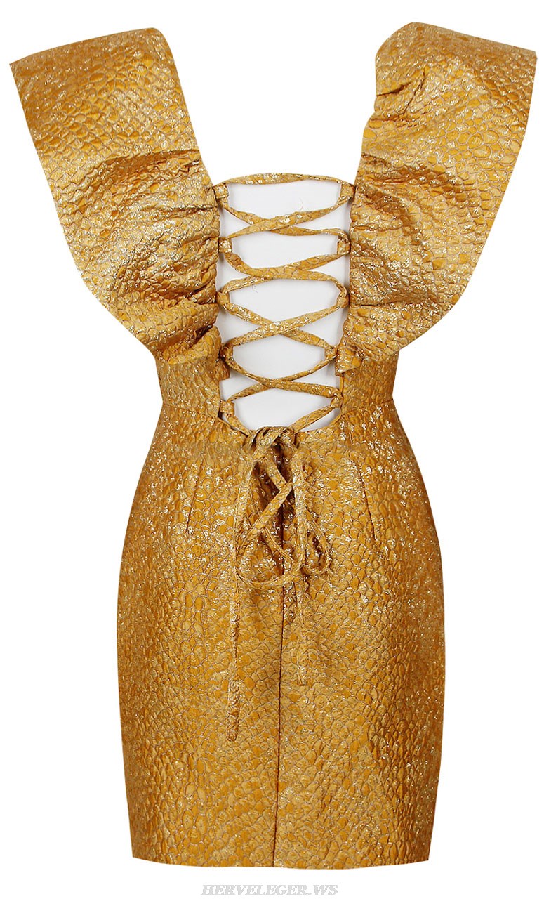 Herve Leger Gold Ruffle Sleeve Sparkly Lace Up Back Dress