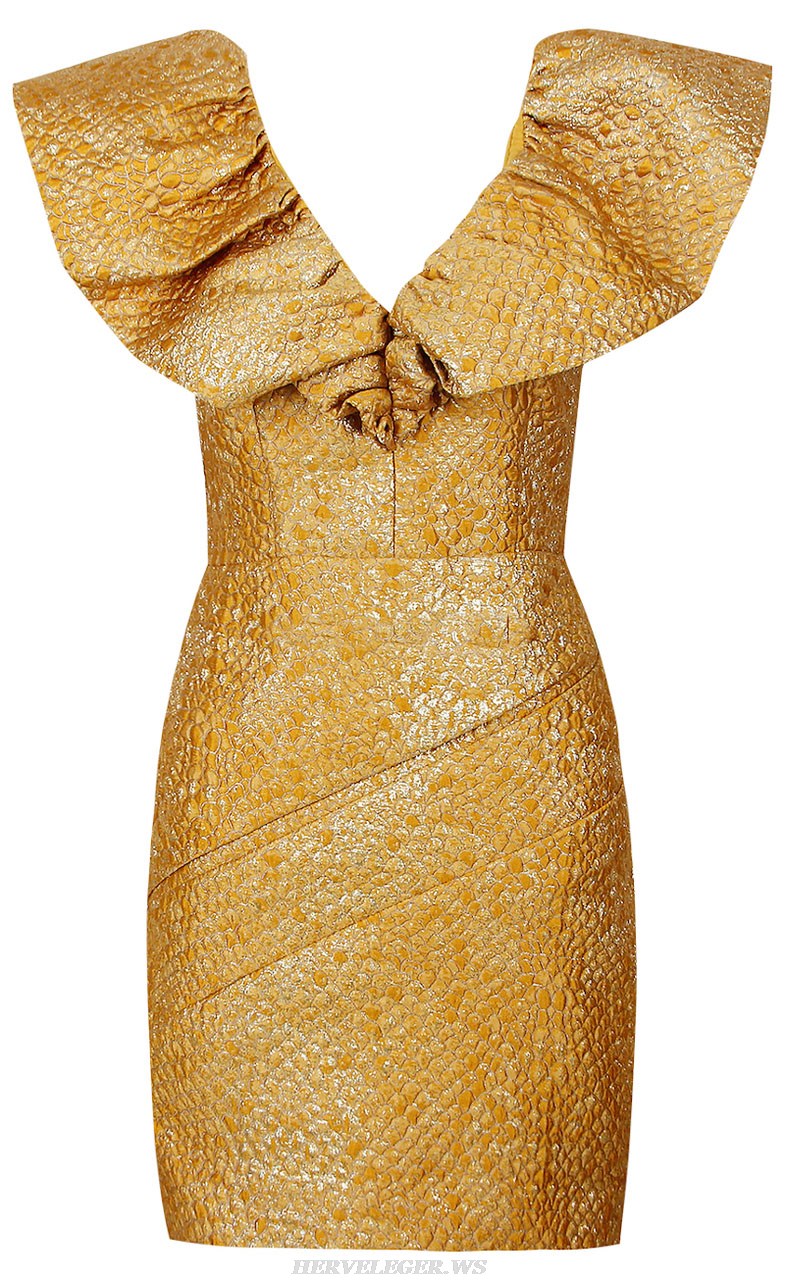 Herve Leger Gold Ruffle Sleeve Sparkly Lace Up Back Dress
