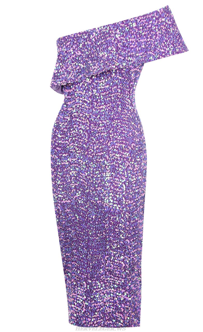 Herve Leger Purple Sequin Off Shoulder Dress