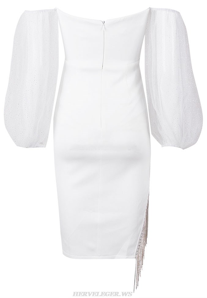 Herve Leger White Sparkly Sleeves Off The Shoulder Dress