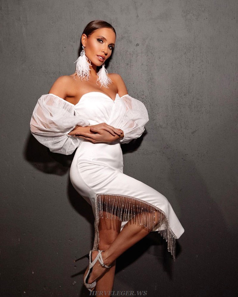Herve Leger White Sparkly Sleeves Off The Shoulder Dress