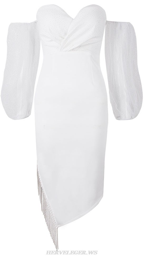 Herve Leger White Sparkly Sleeves Off The Shoulder Dress