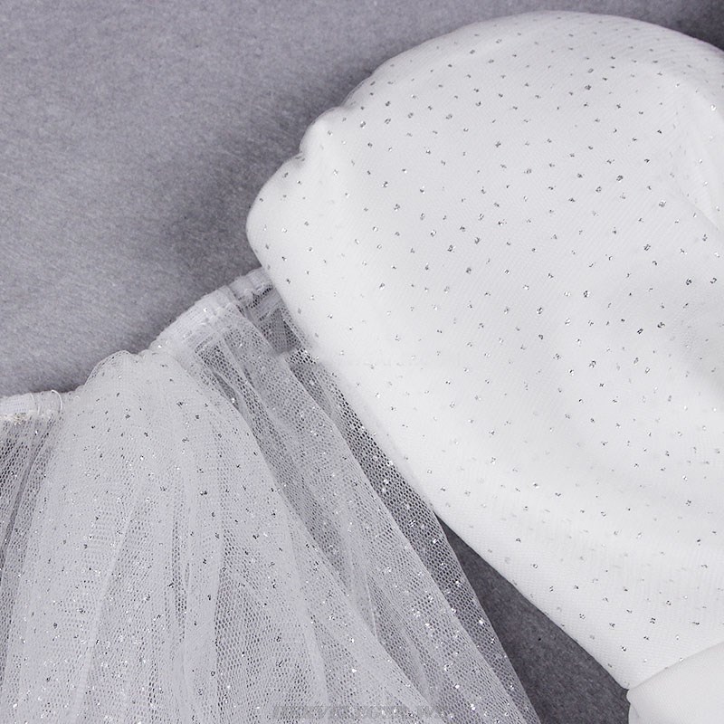 Herve Leger White Sparkly Sleeves Off The Shoulder Dress