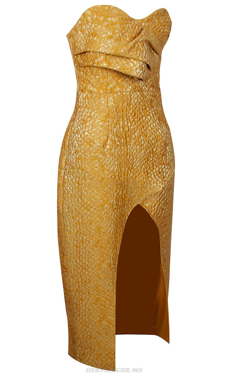 Herve Leger Gold Strapless Sparkly Draped Dress