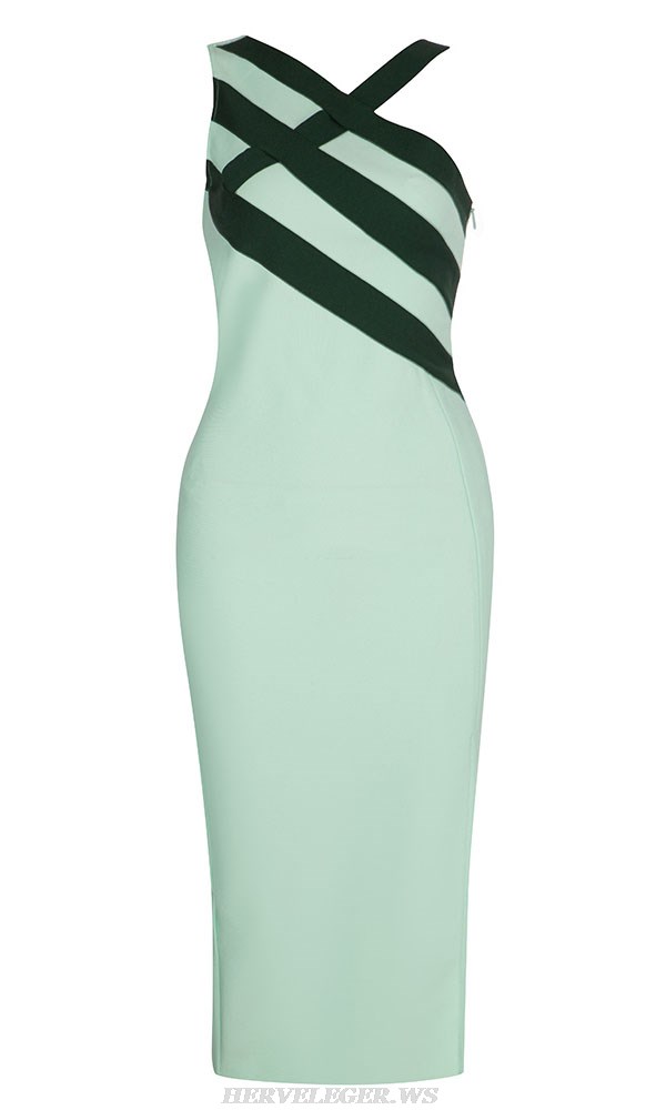 Herve Leger Green Striped Asymmetric Dress