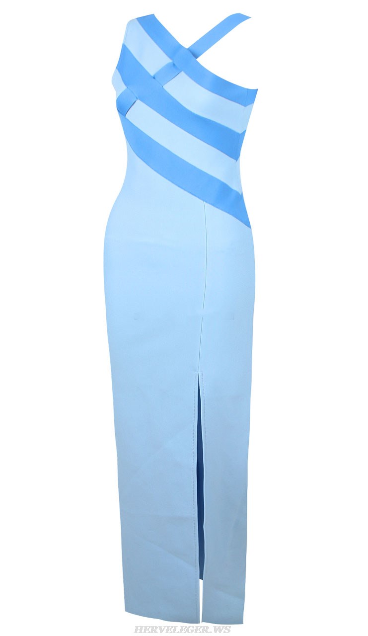 Herve Leger Light Blue Striped Asymmetric Dress