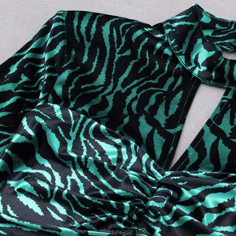 Herve Leger Green Animal Print Long Sleeve Draped Backless Midi Dress