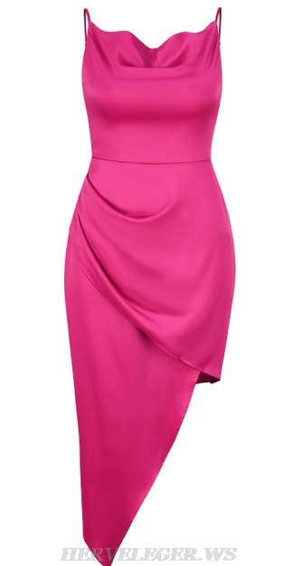 Herve Leger Hot Pink Asymmetric Draped Silk Dress