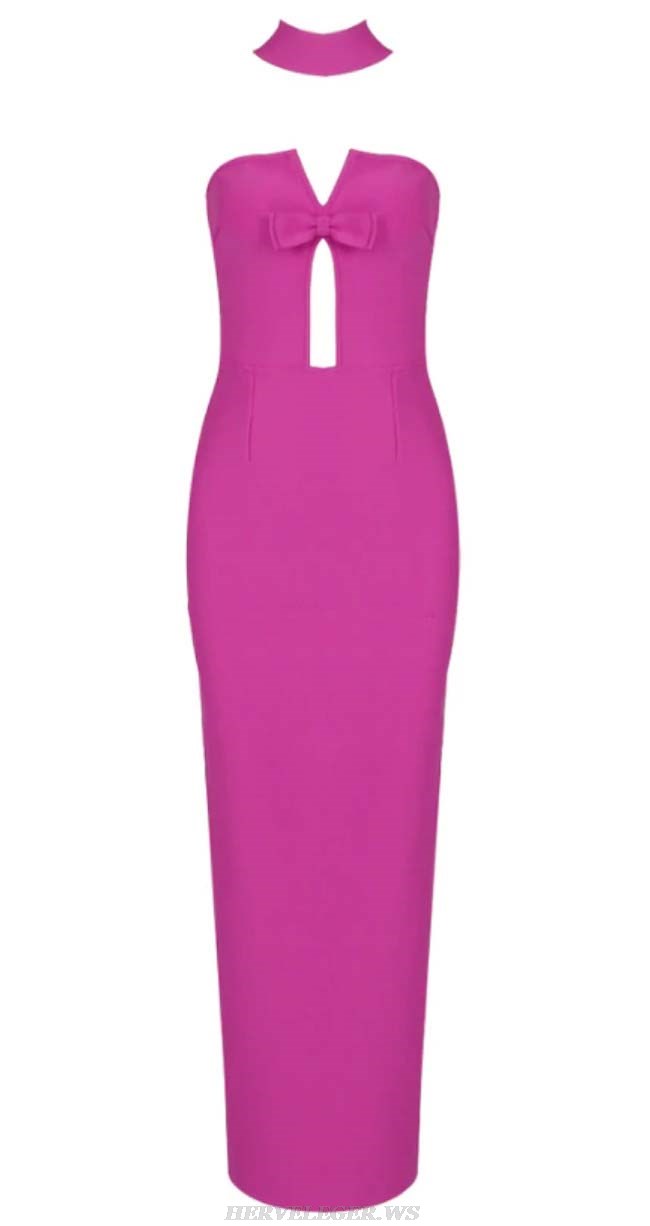 Herve Leger Hot Pink Choker Strapless Bow Gnow 