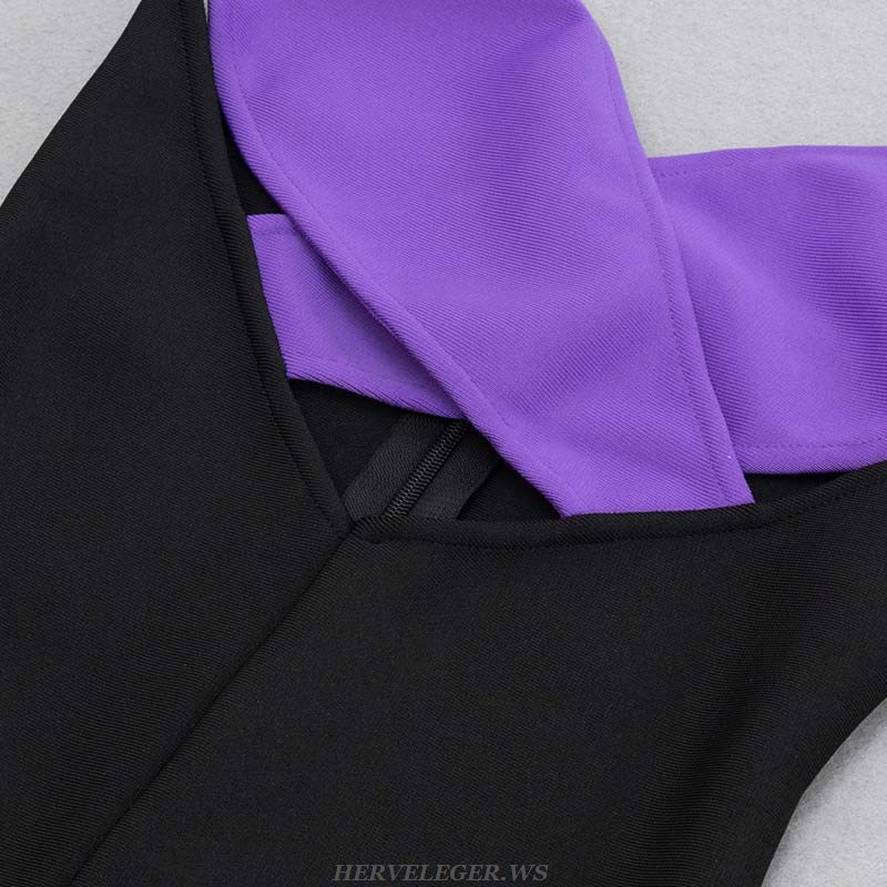Herve Leger Purple Black Cross Over Fluted Midi Dress