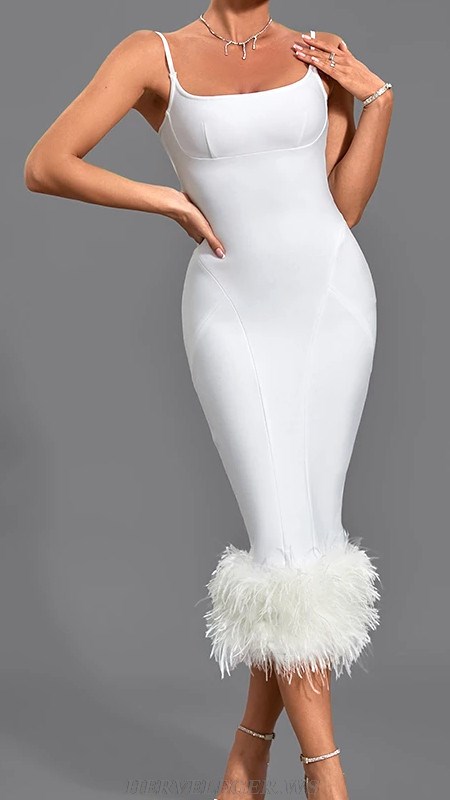 Herve Leger White Feather Hem Structured Midi Dress