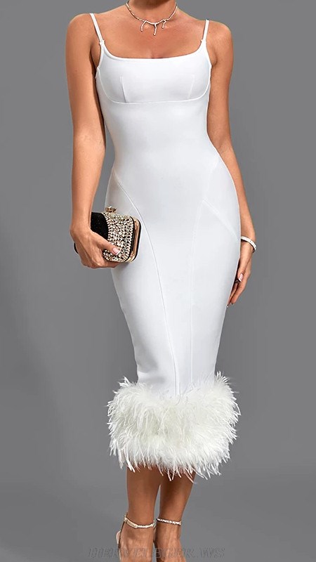 Herve Leger White Feather Hem Structured Midi Dress