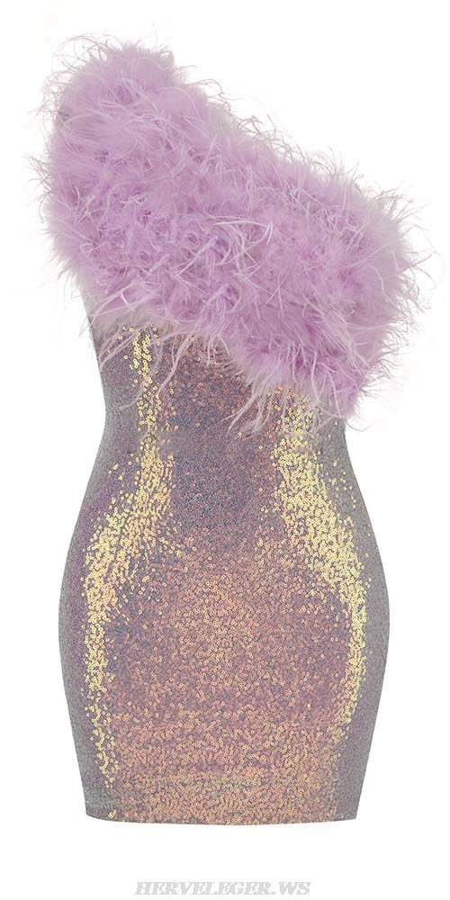 Herve Leger Pink Feather One Shoulder Sequin Dress