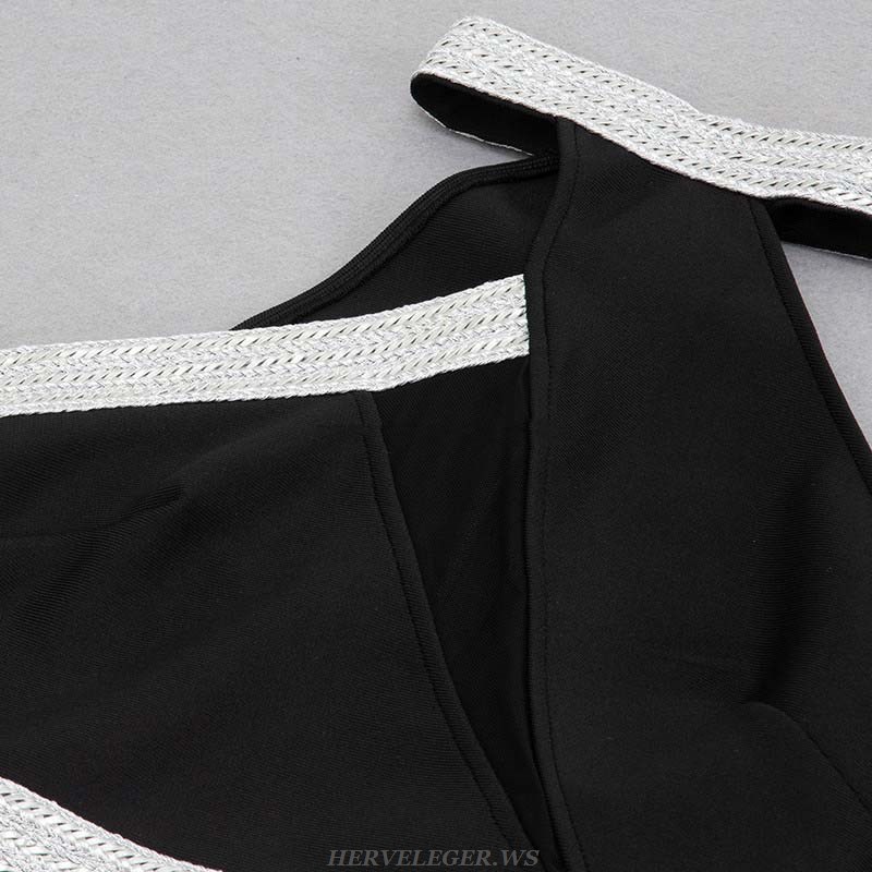 Herve Leger Black Silver Halter Asymmetric Mesh Midi Dress