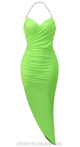 Herve Leger Neon Green Halter Embellished Draped Midi Dress
