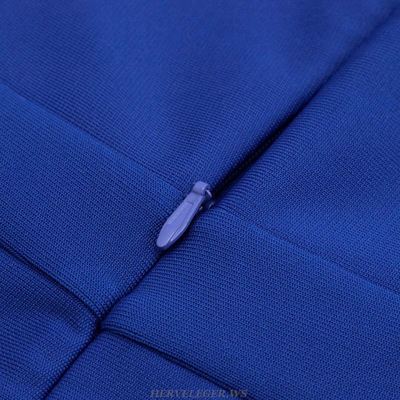 Herve Leger Blue Halter Embellished Off Shoulder Midi Dress