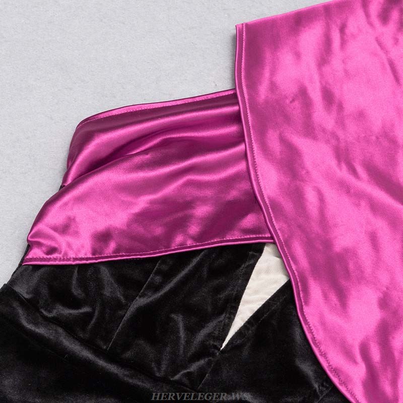 Herve Leger Hot Pink Black Halter Fluted Velvet Dress