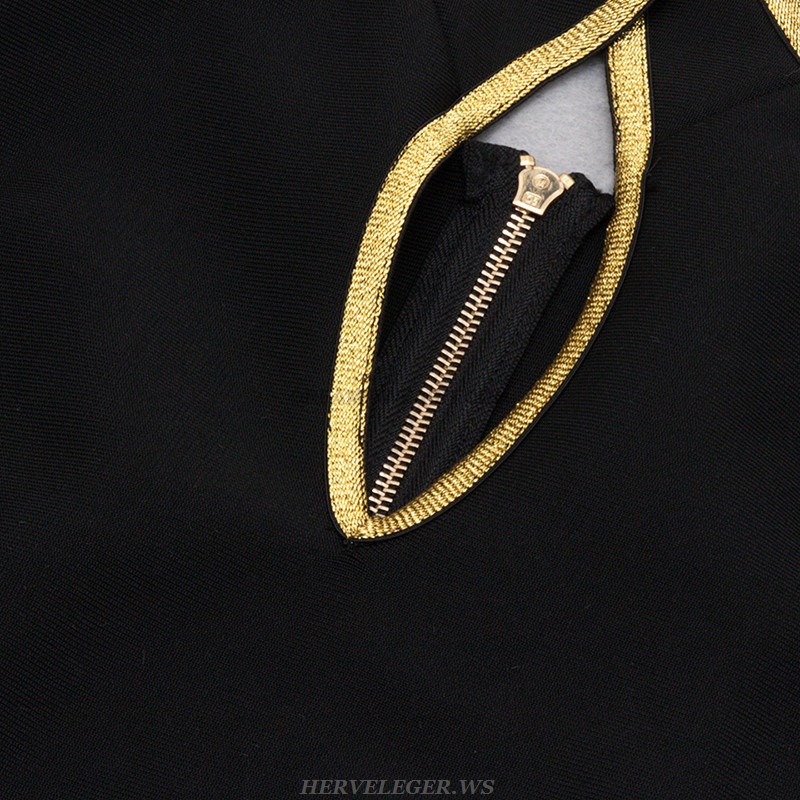 Herve Leger Black Halter Gold Trim Dress