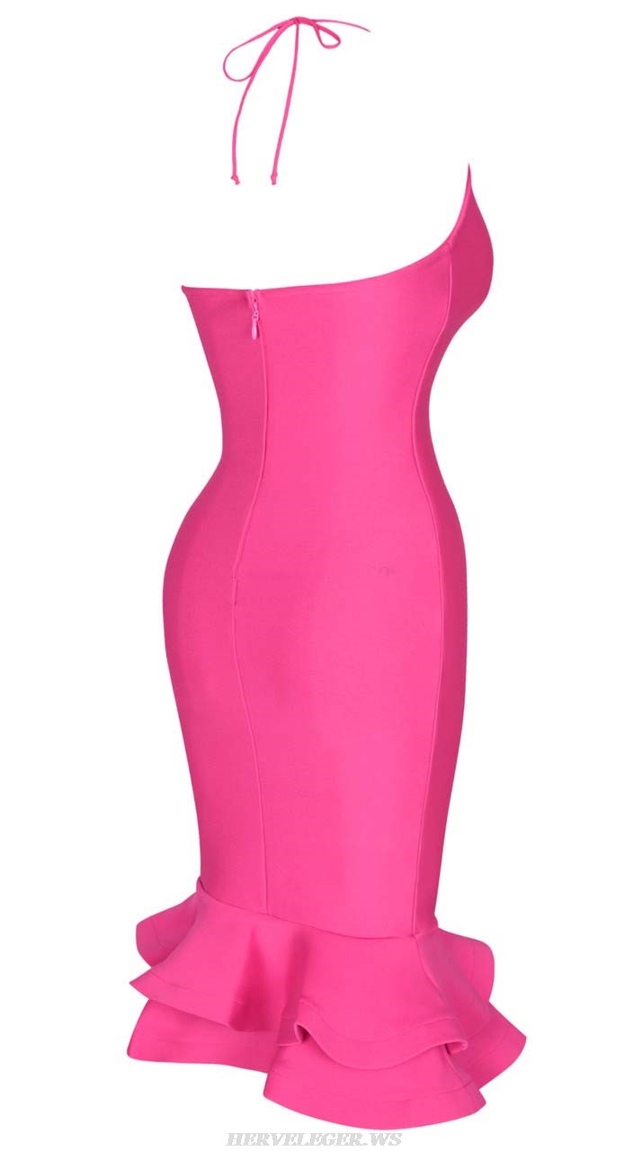 Herve Leger Neon Pink Halter Ruffle Midi Dress