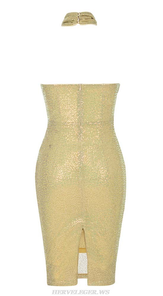 Herve Leger Gold Halter Sequined Draped Dress