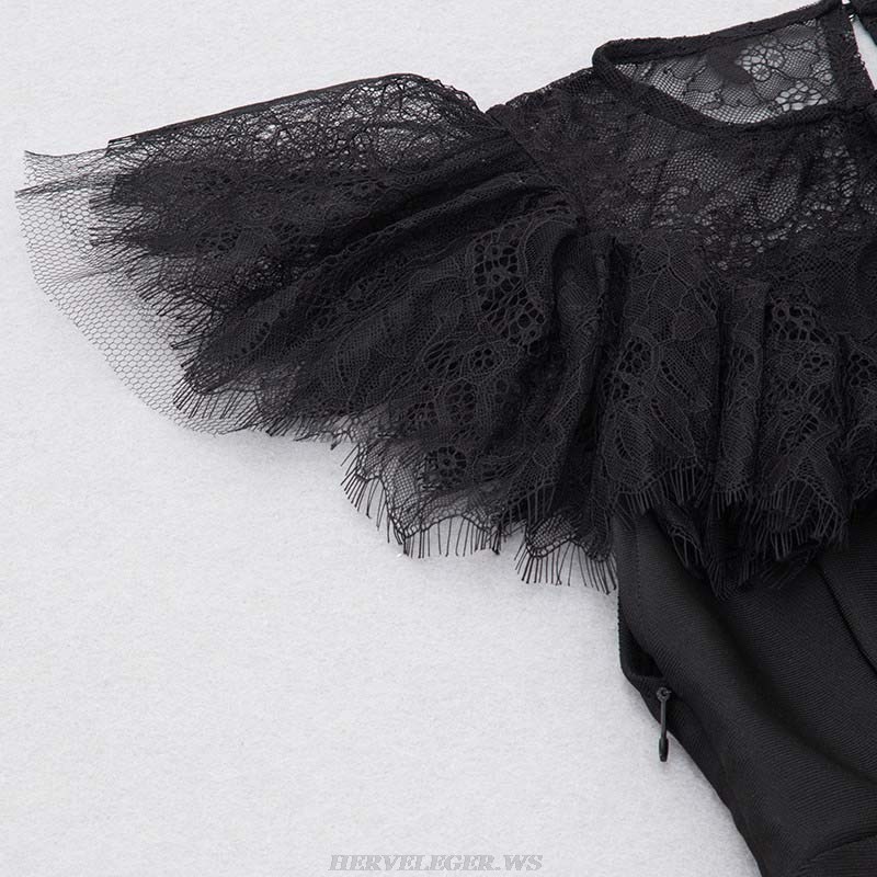 Herve Leger Black Lace Ruffle Midi Dress