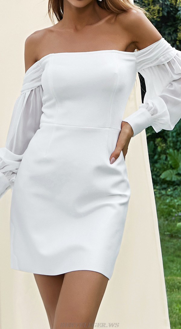 Herve Leger White Long Puff Sleeve Off Shoulder Draped Dress