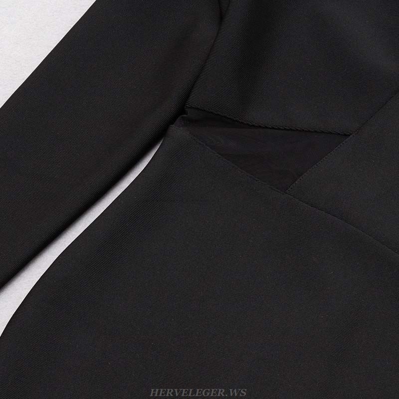 Herve Leger Black Long Sleeve Asymmetric Mesh Dress