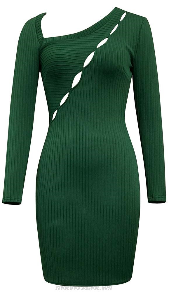 Herve Leger Green Long Sleeve Asymmetric Ribbed Dress