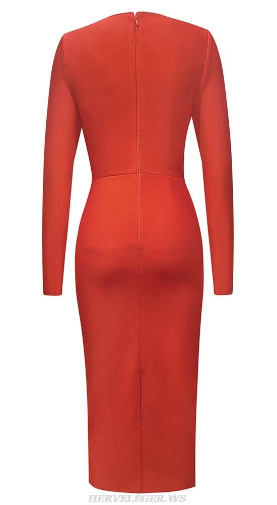 Herve Leger Red Long Sleeve Bow Cut Out Midi Dress