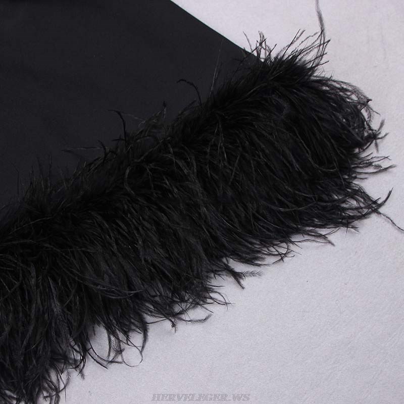Herve Leger Black Long Sleeve Feather Hem Dress