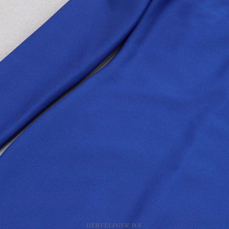Herve Leger Blue Long Sleeve Feather Off Shoulder Midi Dress